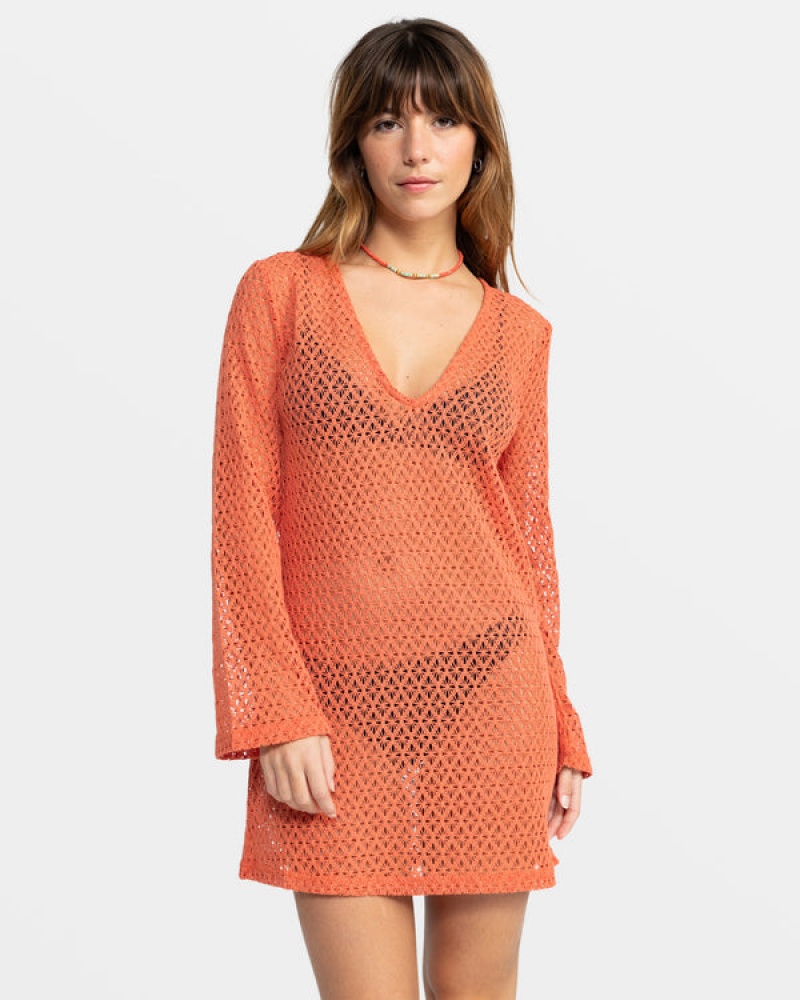 Roxy Love Coastline Long Sleeve Crochet Beach Dress | 43671THCL