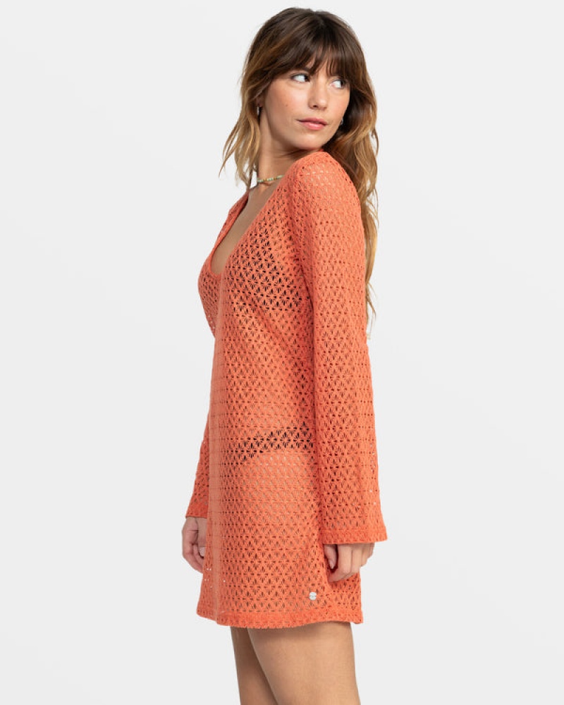 Roxy Love Coastline Long Sleeve Crochet Beach Dress | 43671THCL